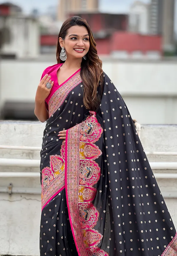 Black_Pashmina_Darbari_Saree_With_Gold_Zari_Weaved_Saree_With_Blouse_Piece_For_Women_&_Girl