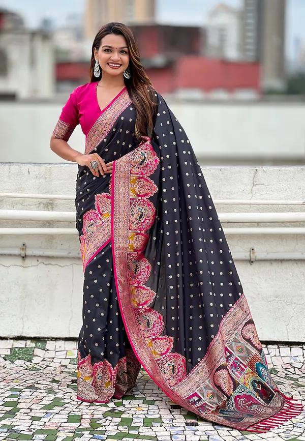 Black_Pashmina_Darbari_Saree_With_Gold_Zari_Weaved_Saree_With_Blouse_Piece_For_Women_&_Girl