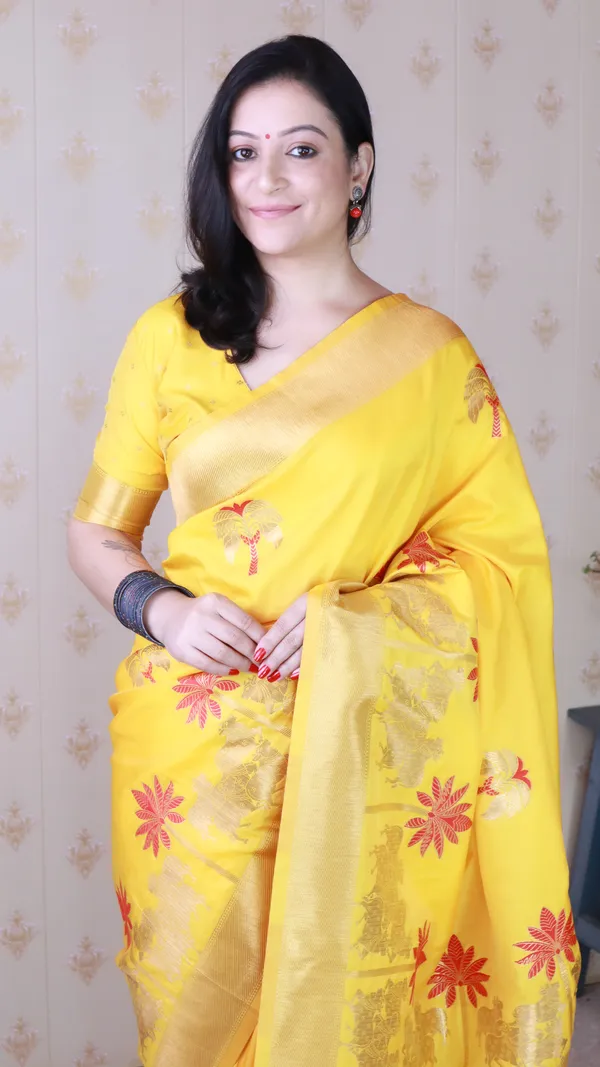 Yellow_Soft_Silk_With_Flower_Meenakari_Motifs_Saree_With_Blouse_Piece_For_Women_&_Girl