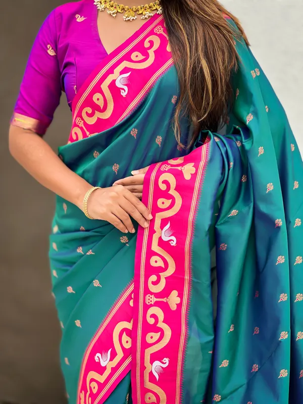 Teal_Paithani_Saree_With_Gold_Zari_Meenakari_Motifs_Saree_With_Blouse_Piece_For_Women_&_Girl