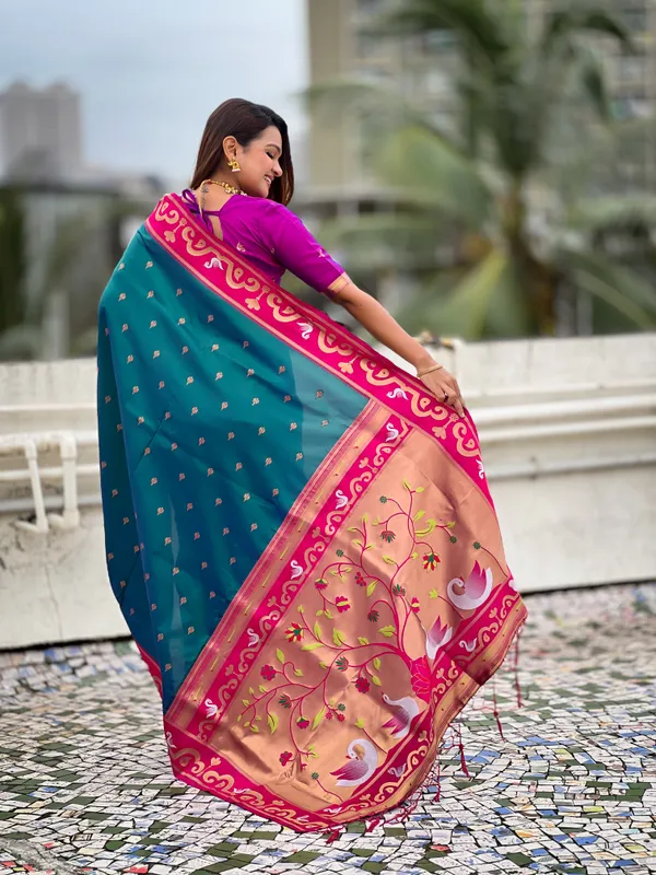 Teal_Paithani_Saree_With_Gold_Zari_Meenakari_Motifs_Saree_With_Blouse_Piece_For_Women_&_Girl