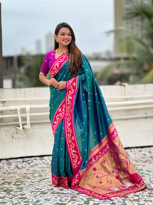 Teal_Paithani_Saree_With_Gold_Zari_Meenakari_Motifs_Saree_With_Blouse_Piece_For_Women_&_Girl