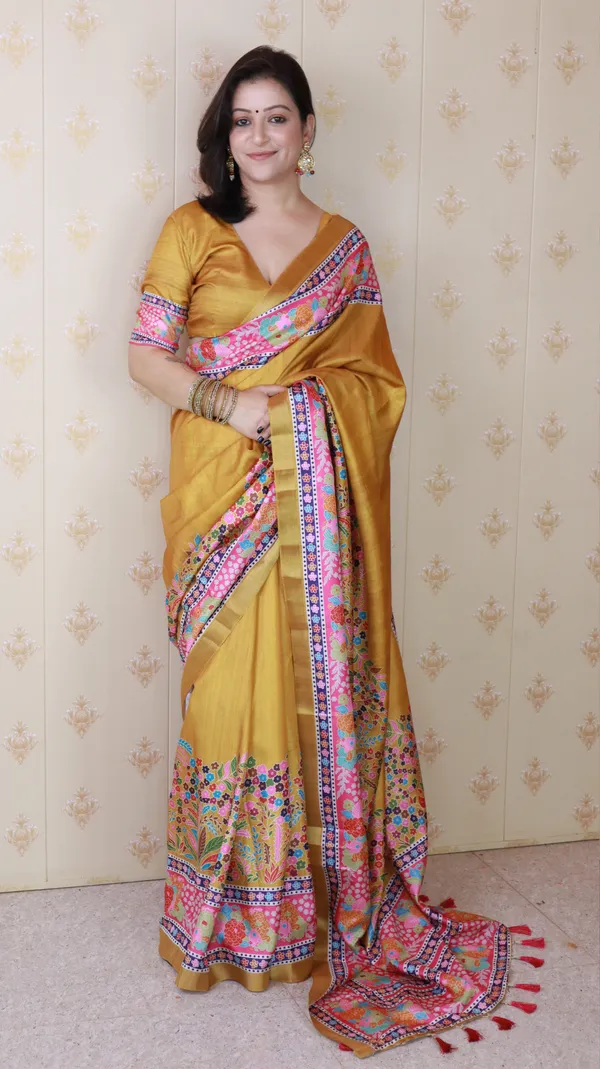 Gold_Tussar_Silk_With_Floral_Prints_Saree_With_Blouse_Piece_For_Women_&_Girl