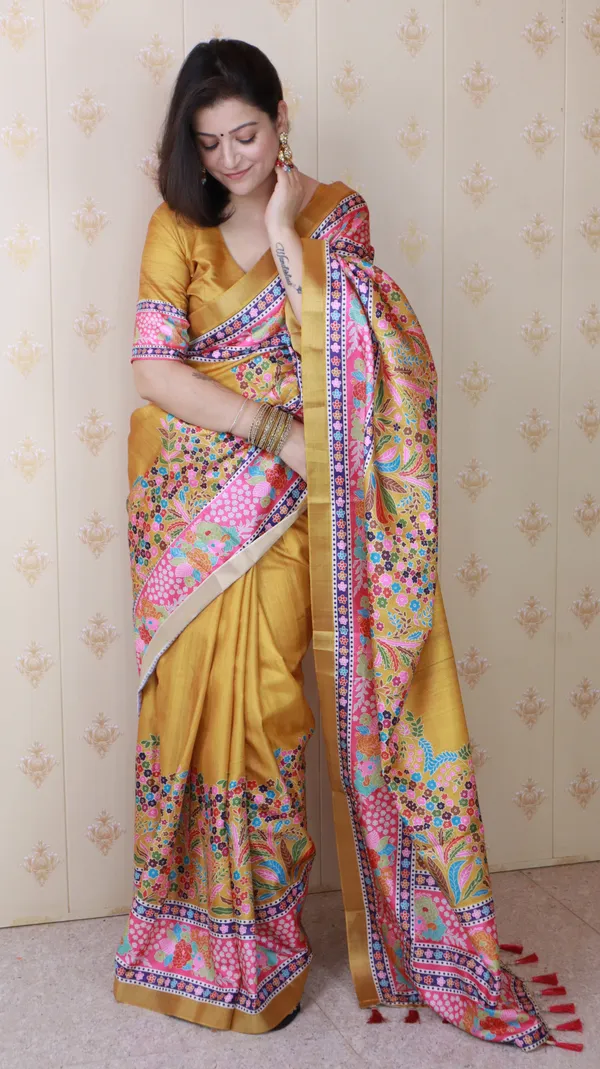 Gold_Tussar_Silk_With_Floral_Prints_Saree_With_Blouse_Piece_For_Women_&_Girl