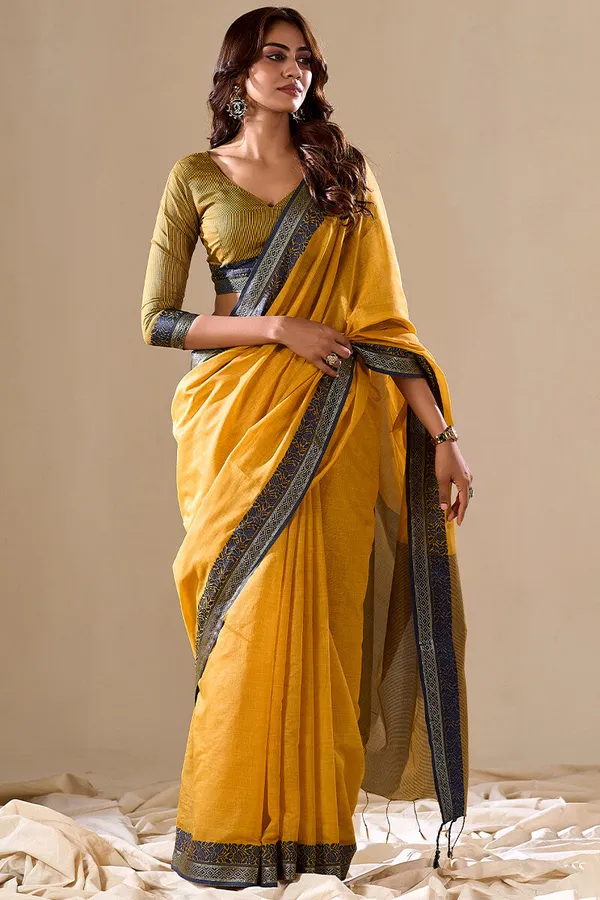 Yellow_Cotton_Saree_For_Women_&_Girls