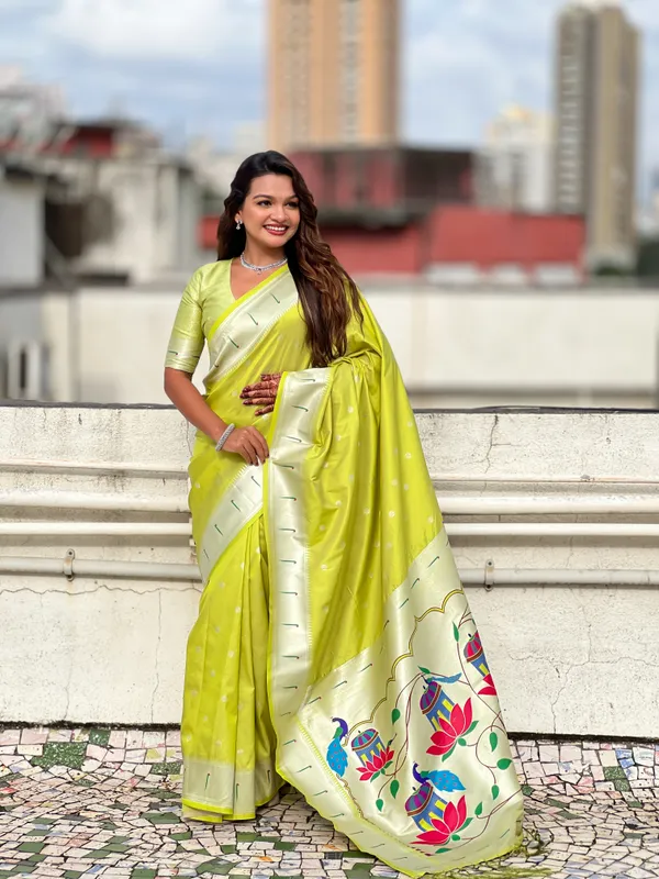 Parrot_Green_Paithani_Saree_With_Silver_Zari_Woven_Motifs_Saree_With_Blouse_Piece_For_Women_&_Girl