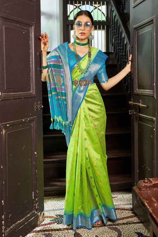Parrot_Green_Raw_Silk_For_Women_&_Girls