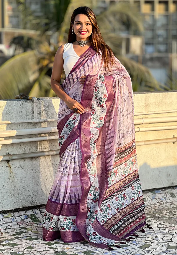 Lavender_Soft_Chanderi_Crush_Saree_With_Floral_Prints_Saree_With_Blouse_Piece_For_Women_&_Girl
