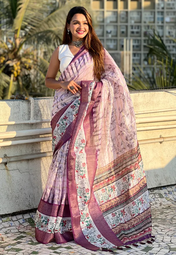 Lavender_Soft_Chanderi_Crush_Saree_With_Floral_Prints_Saree_With_Blouse_Piece_For_Women_&_Girl