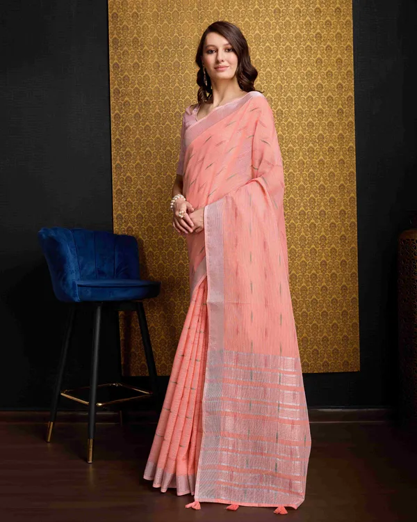 Peach_Organza_Saree_For_Women_&_Girls