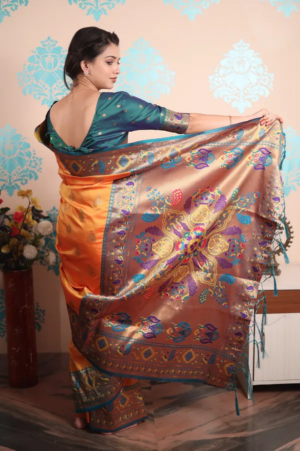 Orange_Paithani_With_Gold_Zari_Peacock_Motifs_Saree_With_Blouse_Piece_For_Women_&_Girl