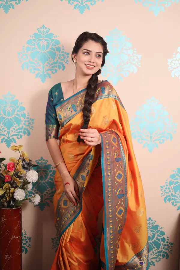Orange_Paithani_With_Gold_Zari_Peacock_Motifs_Saree_With_Blouse_Piece_For_Women_&_Girl