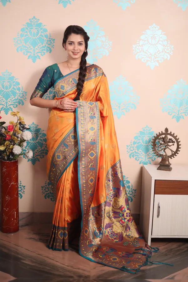 Orange_Paithani_With_Gold_Zari_Peacock_Motifs_Saree_With_Blouse_Piece_For_Women_&_Girl
