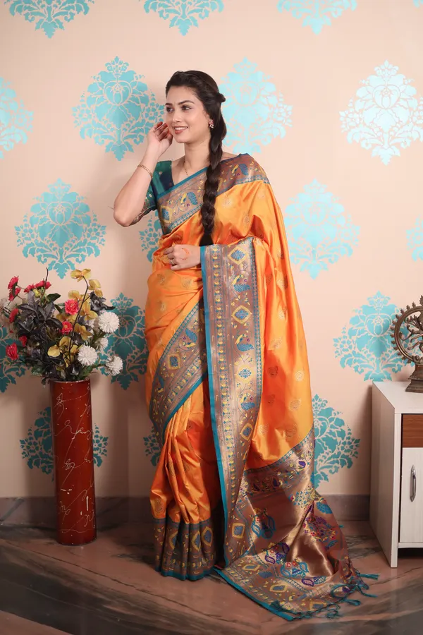 Orange_Paithani_With_Gold_Zari_Peacock_Motifs_Saree_With_Blouse_Piece_For_Women_&_Girl