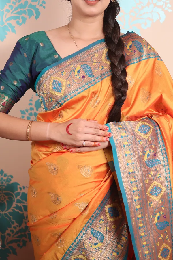 Orange_Paithani_With_Gold_Zari_Peacock_Motifs_Saree_With_Blouse_Piece_For_Women_&_Girl