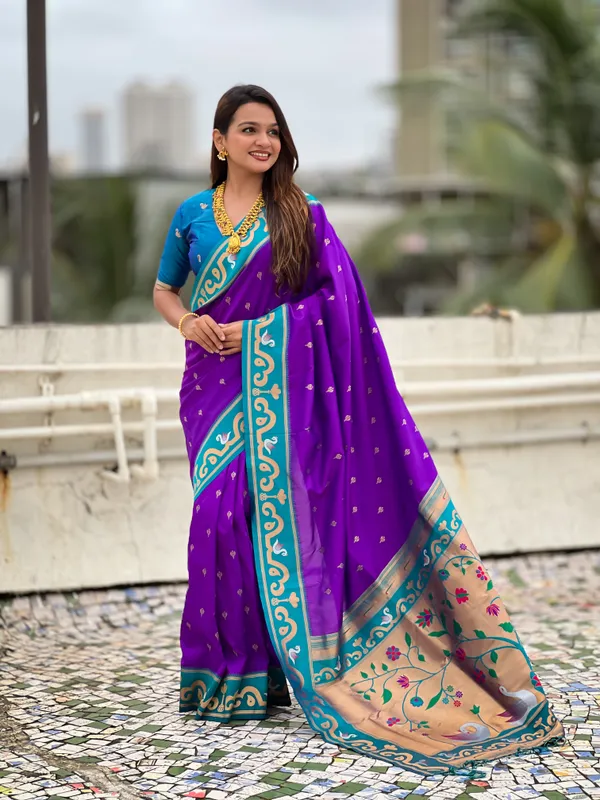 Purple_Paithani_Saree_With_Gold_Zari_Meenakari_Motifs_Saree_With_Blouse_Piece_For_Women_&_Girl