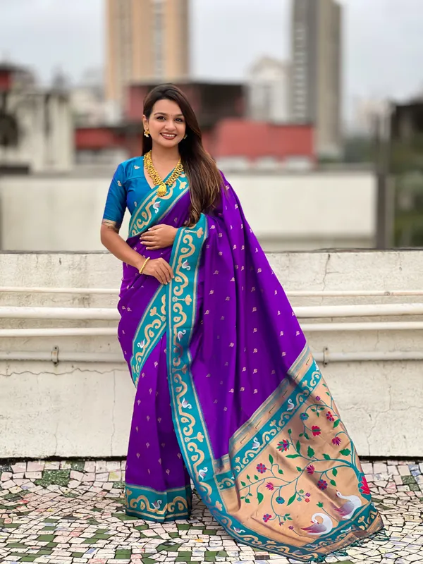 Purple_Paithani_Saree_With_Gold_Zari_Meenakari_Motifs_Saree_With_Blouse_Piece_For_Women_&_Girl