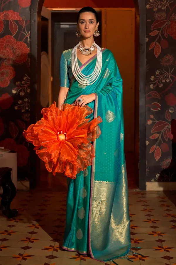 Teal_Blue_Premium_Silk_With_Blouse_Piece_For_Women_&_Girls