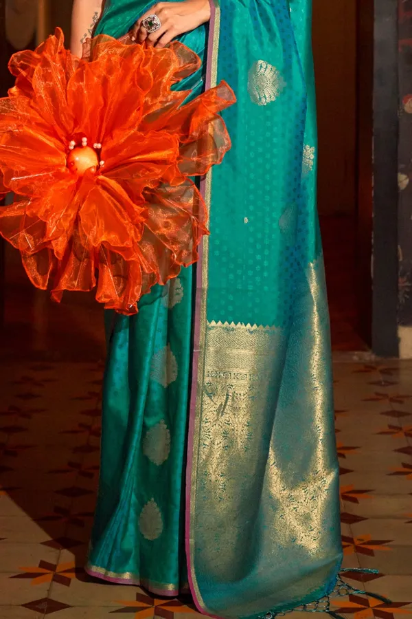 Teal_Blue_Premium_Silk_With_Blouse_Piece_For_Women_&_Girls