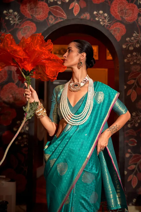 Teal_Blue_Premium_Silk_With_Blouse_Piece_For_Women_&_Girls
