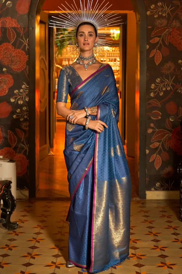Blue_Premium_Silk_With_Blouse_Piece_For_Women_&_Girls