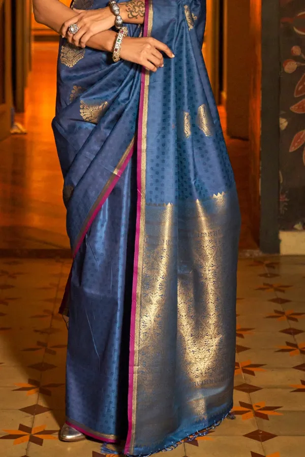 Blue_Premium_Silk_With_Blouse_Piece_For_Women_&_Girls