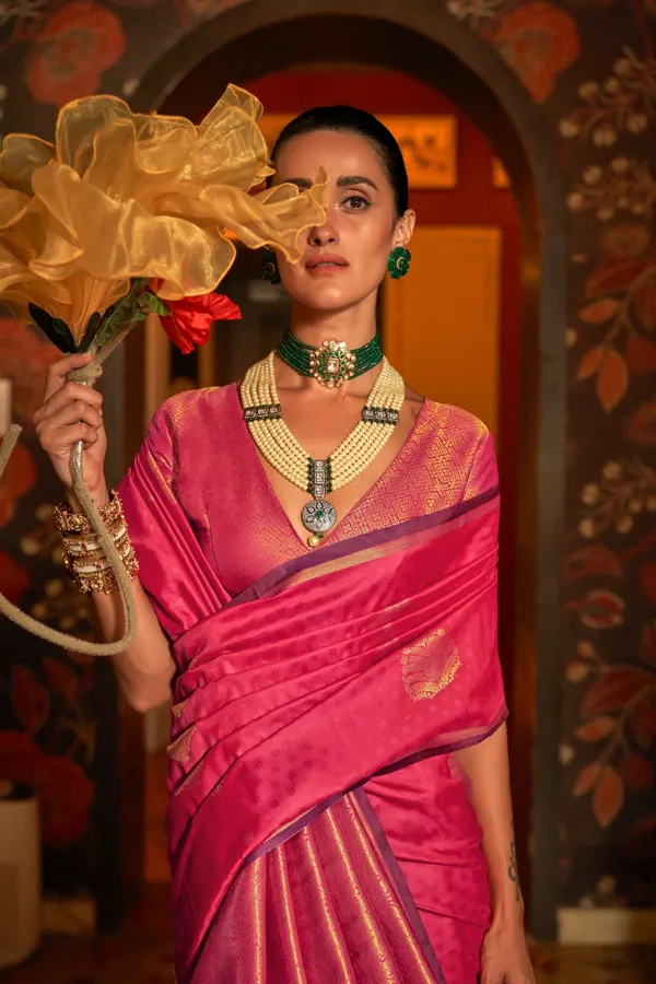 Pink_Premium_Silk_With_Blouse_Piece_For_Women_&_Girls