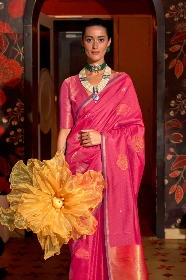 Pink_Premium_Silk_With_Blouse_Piece_For_Women_&_Girls
