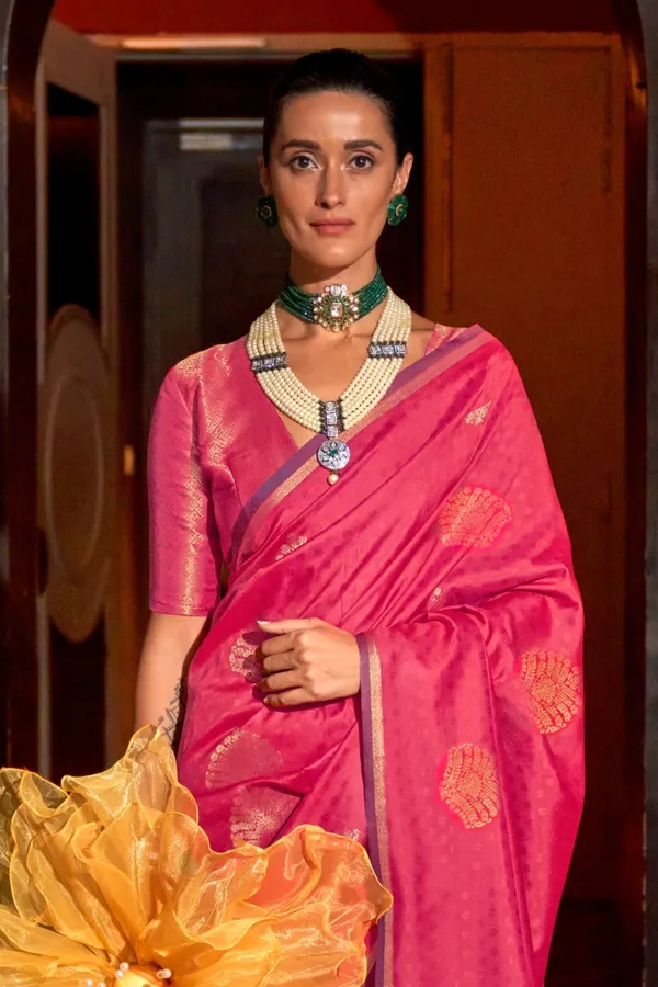 Pink_Premium_Silk_With_Blouse_Piece_For_Women_&_Girls