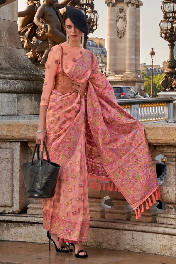 Peach_Premium_Organza_Saree_With_Blouse_Piece_For_Women_&_Girls
