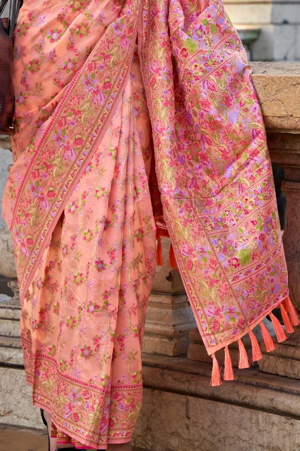 Peach_Premium_Organza_Saree_With_Blouse_Piece_For_Women_&_Girls