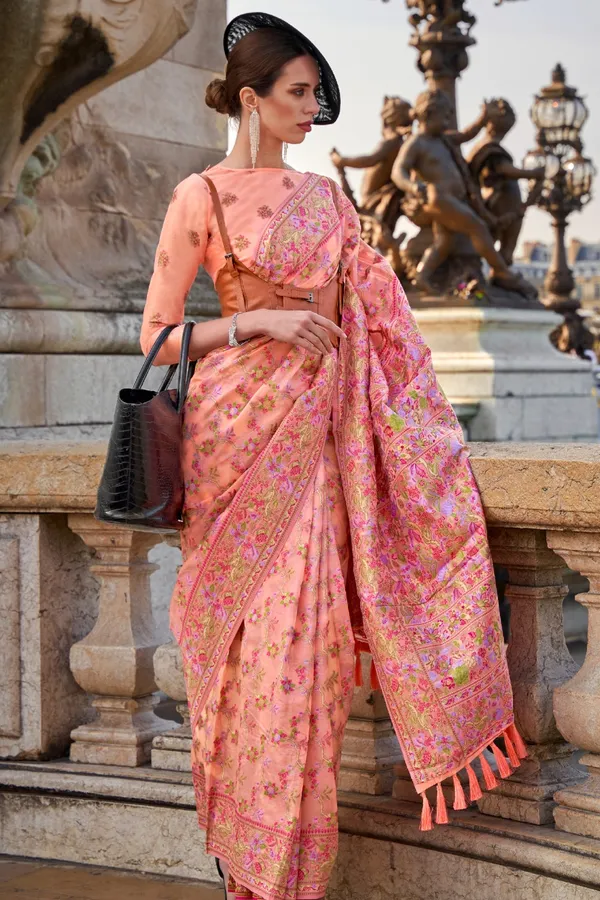 Peach_Premium_Organza_Saree_With_Blouse_Piece_For_Women_&_Girls