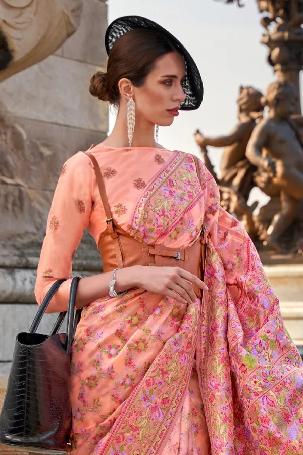 Peach_Premium_Organza_Saree_With_Blouse_Piece_For_Women_&_Girls