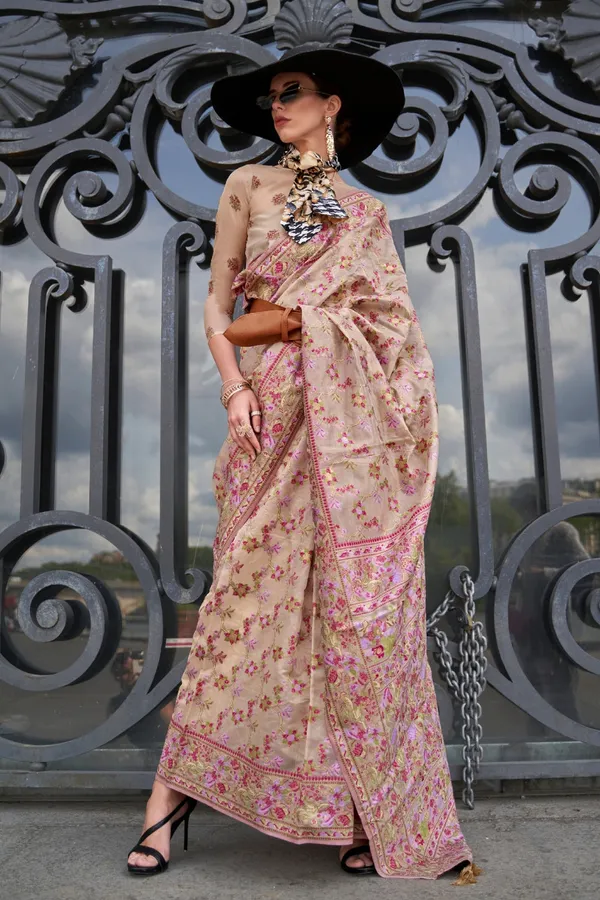 Cream_Premium_Organza_Saree_With_Blouse_Piece_For_Women_&_Girls