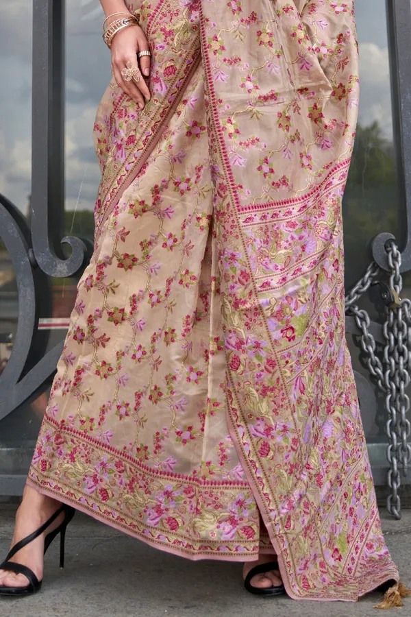 Cream_Premium_Organza_Saree_With_Blouse_Piece_For_Women_&_Girls