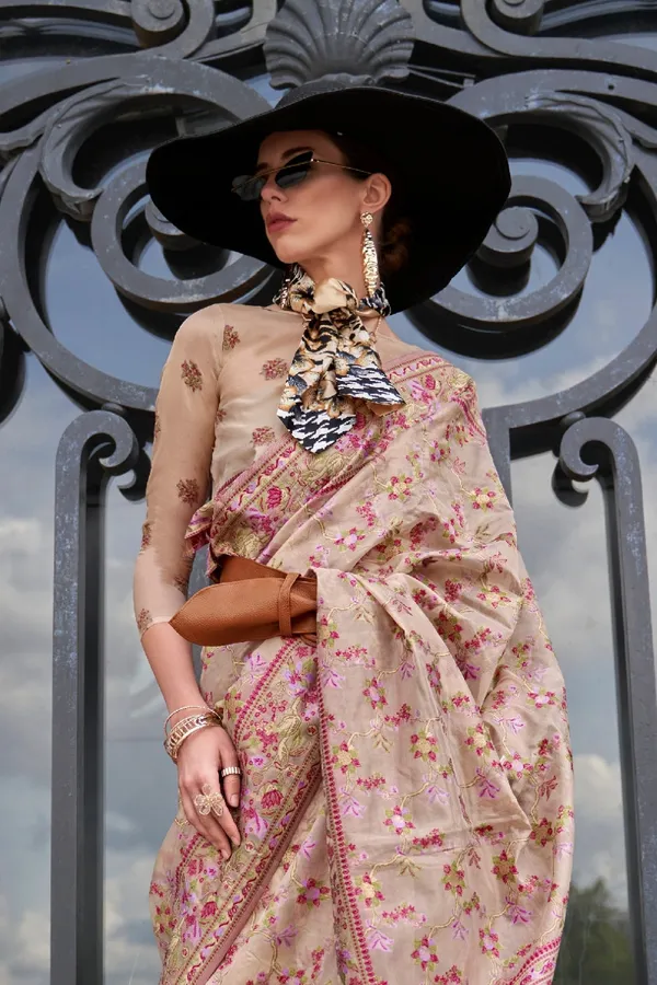 Cream_Premium_Organza_Saree_With_Blouse_Piece_For_Women_&_Girls