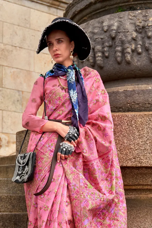 Pink_Premium_Organza_Saree_With_Blouse_Piece_For_Women_&_Girls