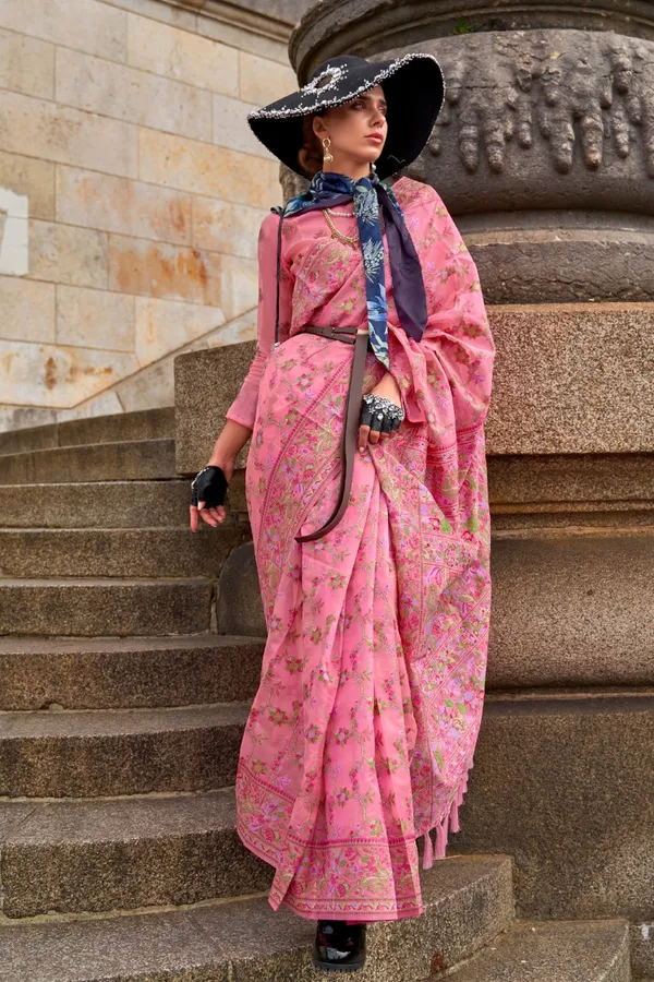 Pink_Premium_Organza_Saree_With_Blouse_Piece_For_Women_&_Girls