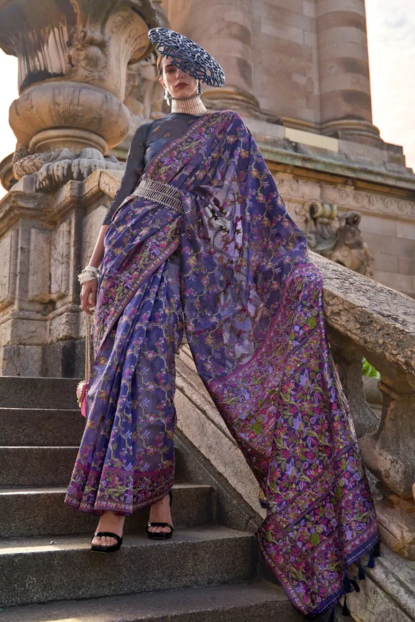 Indigo_Blue_Premium_Organza_Saree_With_Blouse_Piece_For_Women_&_Girls