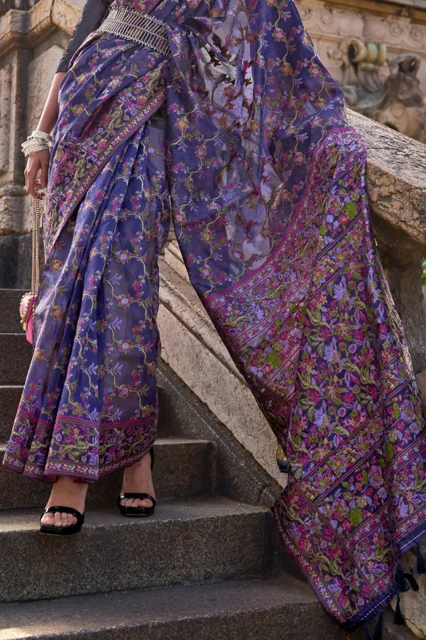 Indigo_Blue_Premium_Organza_Saree_With_Blouse_Piece_For_Women_&_Girls