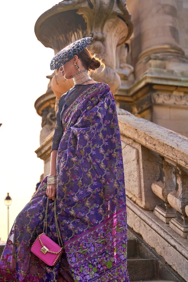 Indigo_Blue_Premium_Organza_Saree_With_Blouse_Piece_For_Women_&_Girls