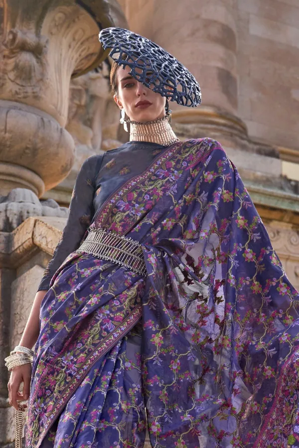 Indigo_Blue_Premium_Organza_Saree_With_Blouse_Piece_For_Women_&_Girls