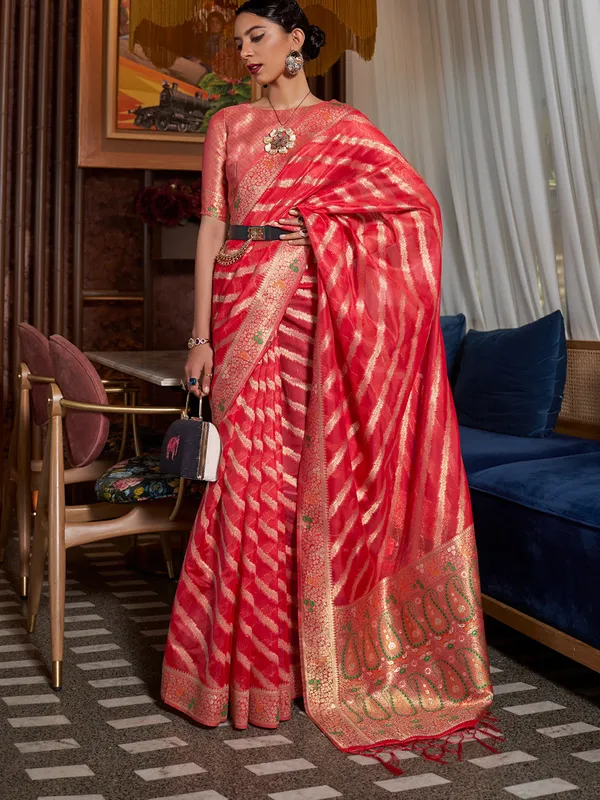 Cherry_Red_Premium_Organza_Saree_With_Blouse_Piece_For_Women_&_Girls
