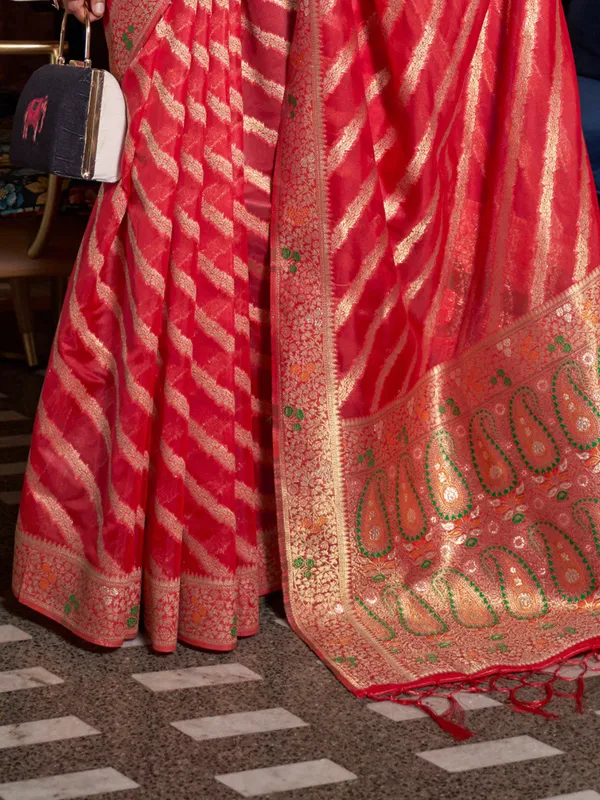 Cherry_Red_Premium_Organza_Saree_With_Blouse_Piece_For_Women_&_Girls