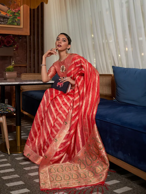 Cherry_Red_Premium_Organza_Saree_With_Blouse_Piece_For_Women_&_Girls