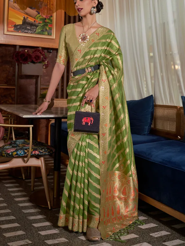 Mehandi_Green_Premium_Organza_Saree_With_Blouse_Piece_For_Women_&_Girls