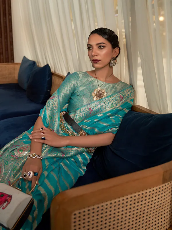 Sky_Blue_Premium_Organza_Saree_With_Blouse_Piece_For_Women_&_Girls