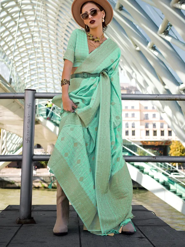 Green_Premium_Katan_Silk_With_Blouse_Piece_For_Women_&_Girls