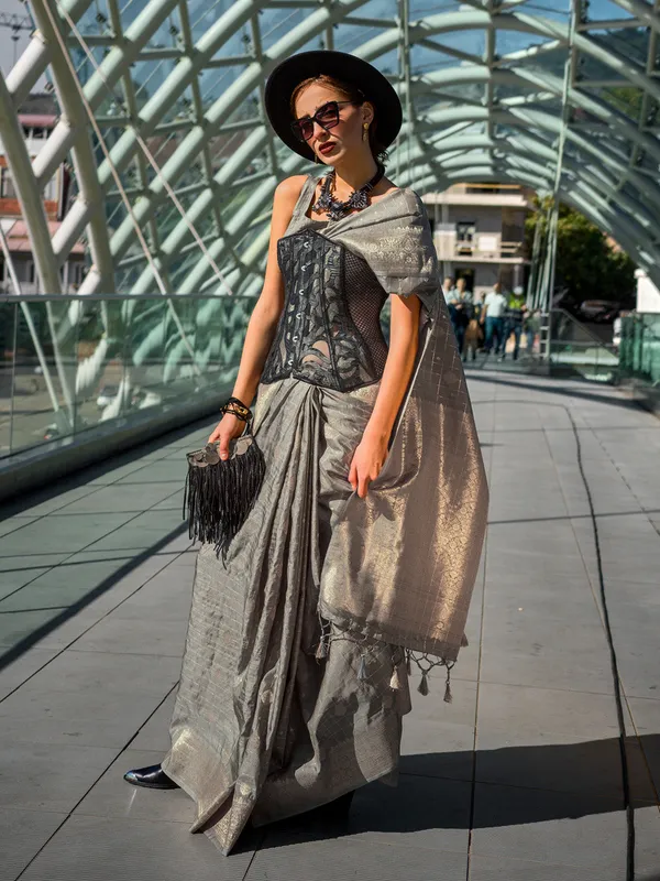 Grey_Premium_Katan_Silk_With_Blouse_Piece_For_Women_&_Girls