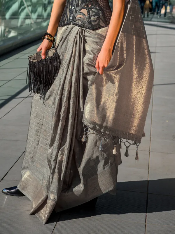 Grey_Premium_Katan_Silk_With_Blouse_Piece_For_Women_&_Girls